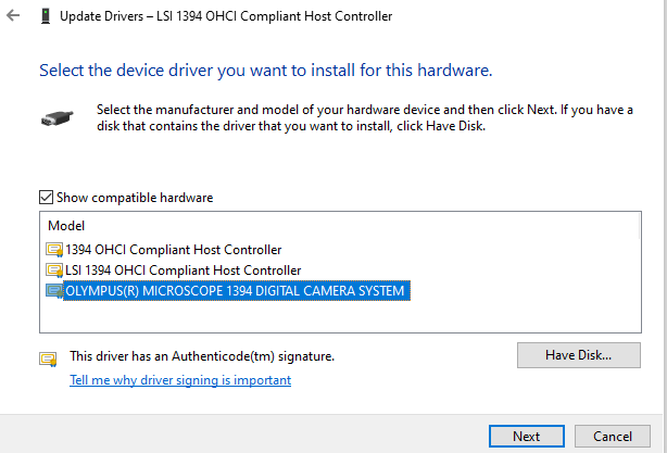 select driver in update dialog